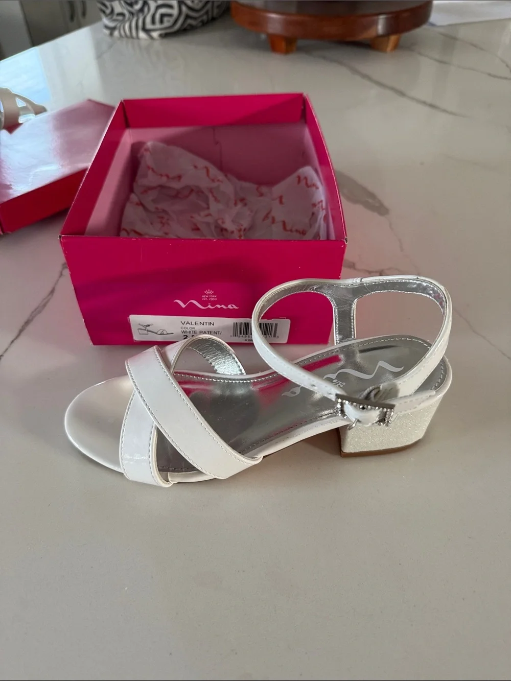 Girls Size 2 Nina White Patent Sandals with Glitter Block Heel